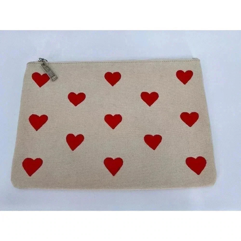 Edie Parker Heart Zip Pouch Vermillion Hearts Front Neutral on Back 11.5Wx8Hx1D